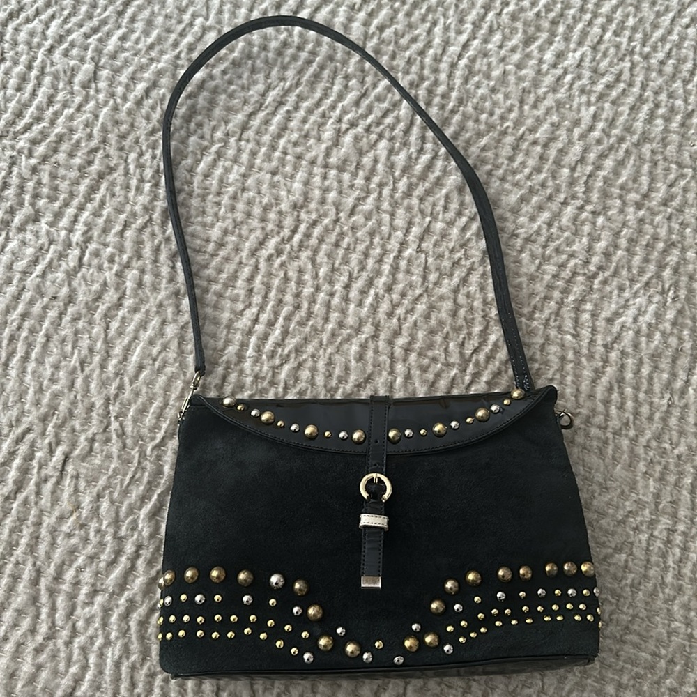 NWOT - Argentinian Leather - Black Suede Shoulder Bag with Gold Studs